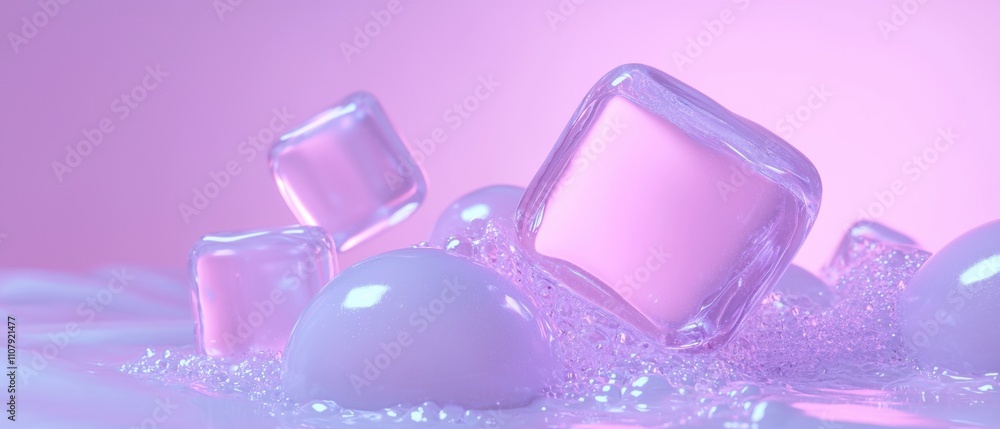 Poster close-up of a group of ice cubes on a pink and purple background. the ice cubes are of different siz
