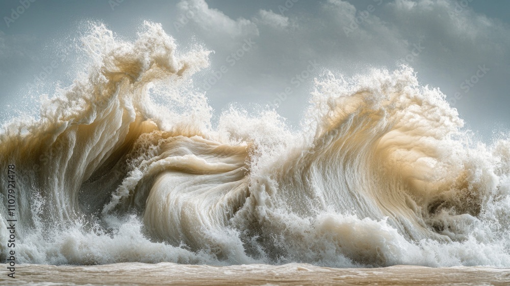 Poster a powerful wave breaks on the sandy shore of a beach, creating a turbulent scene