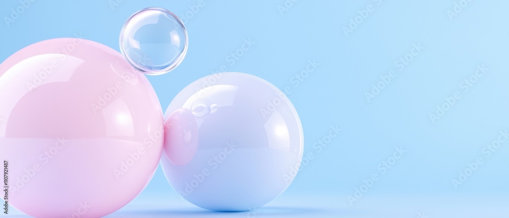 Poster two spherical objects, one pink and one white, on a light blue background. the pink object is on the