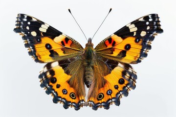 Naklejka premium A single butterfly perched on a clean white surface, its wings spread open