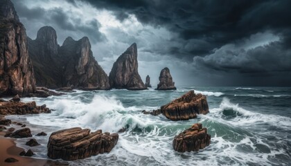 Obraz premium Dramatic coastal scenery with rough waves crashing against rocks under a stormy sky.