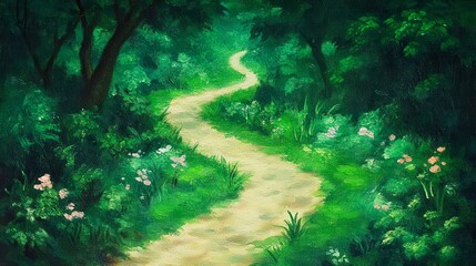 Fototapeta premium A serene landscape painting featuring a winding path through lush greenery and blooming flowers, ideal for nature-themed projects, relaxation concepts, or decorative purposes,