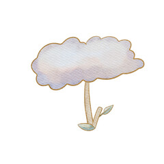 Whimsical PNG watercolor pastel purple cloud flower with branches and leaves, perfect for fantasy designs, digital art, invitations, scrapbooking, and nature-themed projects.
