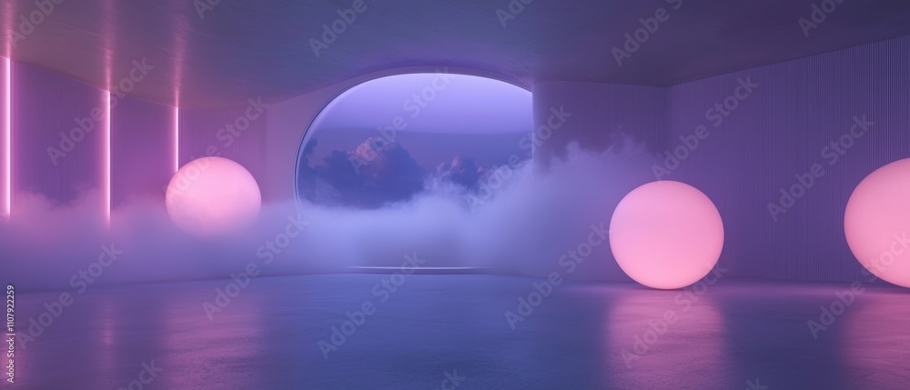 Poster empty room with a large arched window in the center. the window is framed by a white wall and has a 