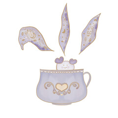 Charming PNG watercolor pastel purple teapot with cute kawaii star-filled steam. Perfect for whimsical designs, tea-themed projects, digital art, invitations, and scrapbooking.
