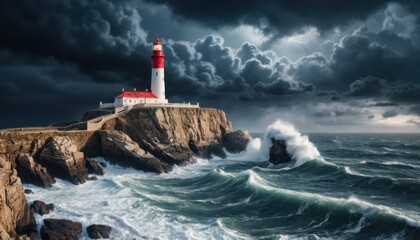 Dramatic lighthouse on a rocky coast during a stormy sea.