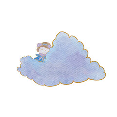 Adorable PNG watercolor pastel purple character peacefully sleeping beside a big fluffy cloud. Perfect for children's designs, digital art, scrapbooking, invitations, and whimsical projects.