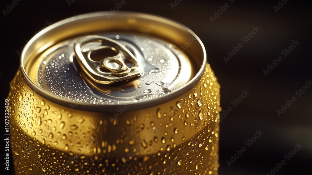 Poster a close-up shot of a soda can with condensation droplets on its surface