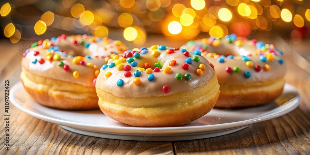 Poster three glazed donuts with colorful sprinkles on a white plate, illuminated by a soft bokeh effect