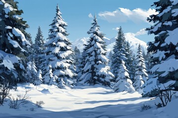 A serene winter landscape showcasing a variety of snow-laden fir trees in a picturesque outdoor environment