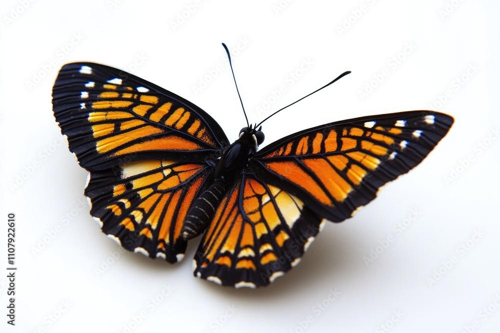 Poster a butterfly perched on a white surface in sharp focus