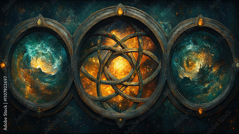 Aufkleber cosmic exploration in three circular frames showcasing vibrant nebulae and swirling galaxies in deep