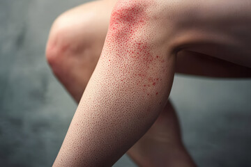 Fototapeta premium Woman's leg in close-up, with red rash. Allergies and Irritation. Concept of dermatology and skin diseases
