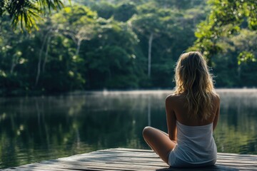 Fototapeta premium A woman sits on a dock overlooking a serene lake, perfect for a relaxing moment or as a scenic backdrop