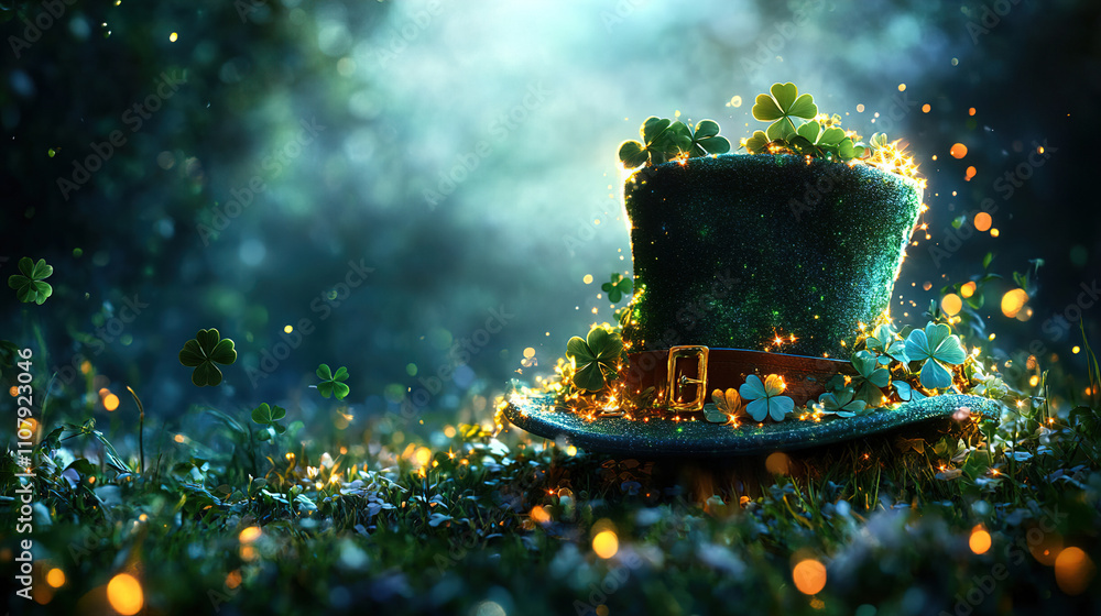 Poster leprechaun hat adorned with shimmering clovers in a magical forest setting during twilight. generati