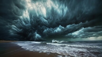 Dramatic storm clouds loom over a turbulent ocean, creating a striking natural scene.