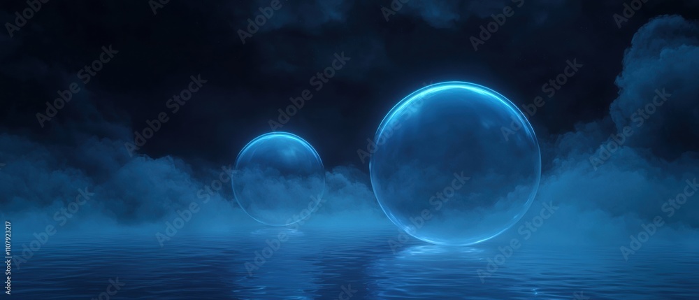 Poster two large, transparent spheres floating on the surface of a body of water. the spheres are glowing b