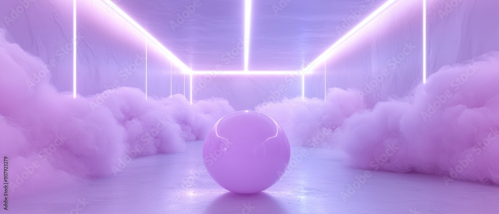 Poster futuristic room with a large spherical object in the center. the room is filled with fluffy white cl