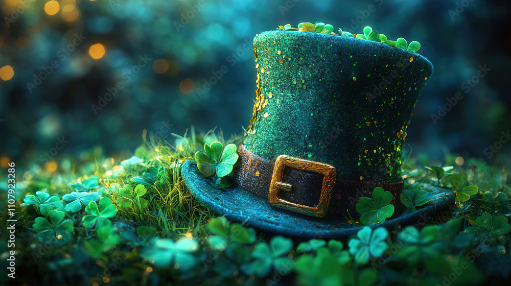 Aufkleber green hat surrounded by clovers in a mystical forest setting during twilight. generative ai