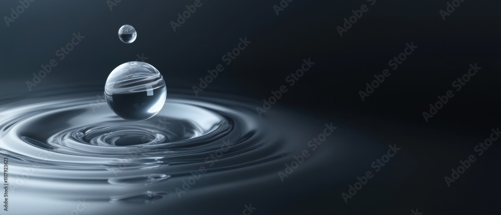 Poster close-up of a single drop of water falling into a rippled pool of water. the drop is in the center o