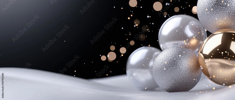 Poster digital illustration of a group of spherical objects on a black background. the objects are of diffe
