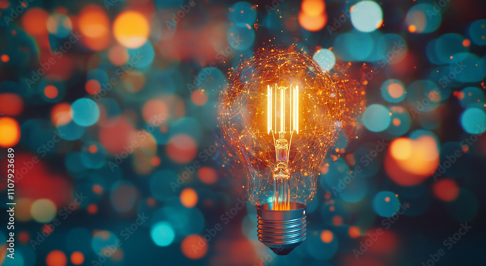 Poster light bulb glowing with warm colors amidst a vibrant, bokeh background showcasing an artistic displa