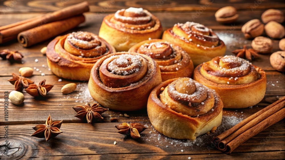 Poster a delightful arrangement of freshly baked cinnamon rolls, dusted with powdered sugar and accompanied