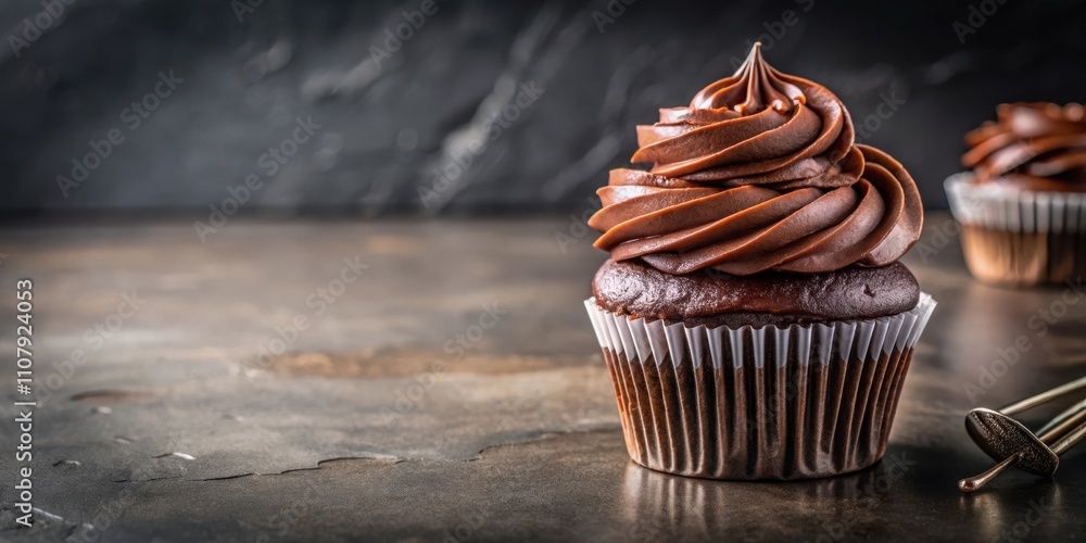 Poster a single chocolate cupcake with rich, swirled frosting sits on a textured surface, the warm brown hu
