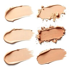 Skin foundation smears, dry powder, eye shadows makeup brush strokes set. Beauty make up cosmetics texture swatch, smudge trace samples isolated on white background. Realistic 3d vector illustration
