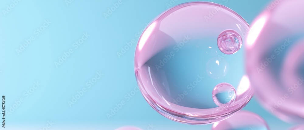 Poster close-up of a group of soap bubbles floating in the air. the background is a light blue color, and t