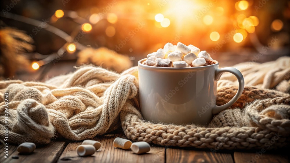 Poster a mug of hot chocolate with marshmallows on a rustic wooden table surrounded by a knitted scarf and 