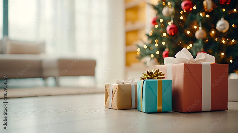 Poster brightly colored gift boxes are arranged in front of a sparkling christmas tree in a warm and inviti