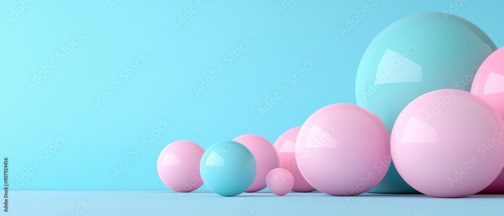 Poster group of pink and blue spheres arranged in a line on a light blue background. the spheres are of dif