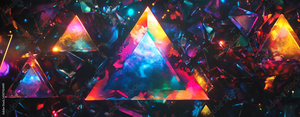 Aufkleber Vibrant geometric shapes illuminated against a dark background create a mesmerizing visual display of colors and light