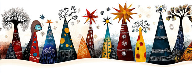 wide panoramic beautiful different shaped colourful Christmas trees in white background graphic with textured trunks