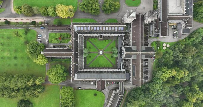 Aerial scenic view of Maredsous Abbey Monastery surrounded by lush greenery in Anhee, Namur, Belgium