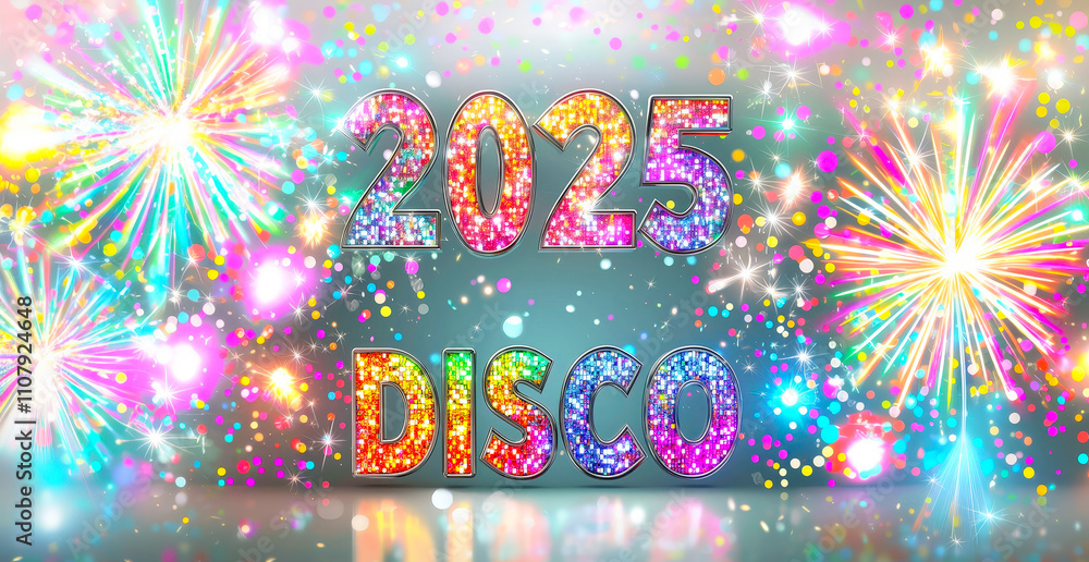 Poster a lively disco celebration for 2025 features sparkling lights and bright fireworks in a cheerful and