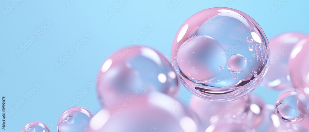 Poster close-up of a group of soap bubbles floating in the air. the background is a light blue color, and t