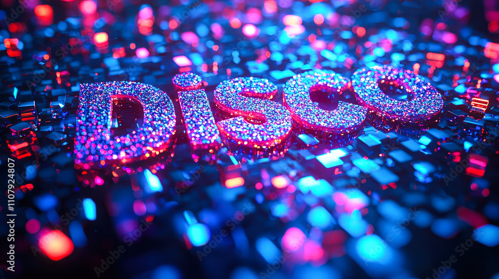 Poster Colorful disco letters glimmer amidst a background of shimmering lights, creating a lively atmosphere perfect for celebration,  Perfect for background use in videos and projects