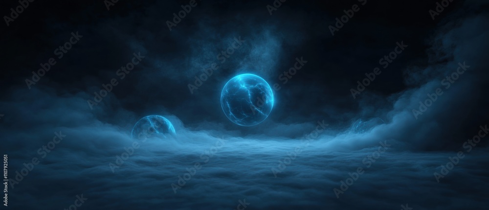 Poster dark and mysterious scene with a large blue sphere in the center. the sphere appears to be glowing w