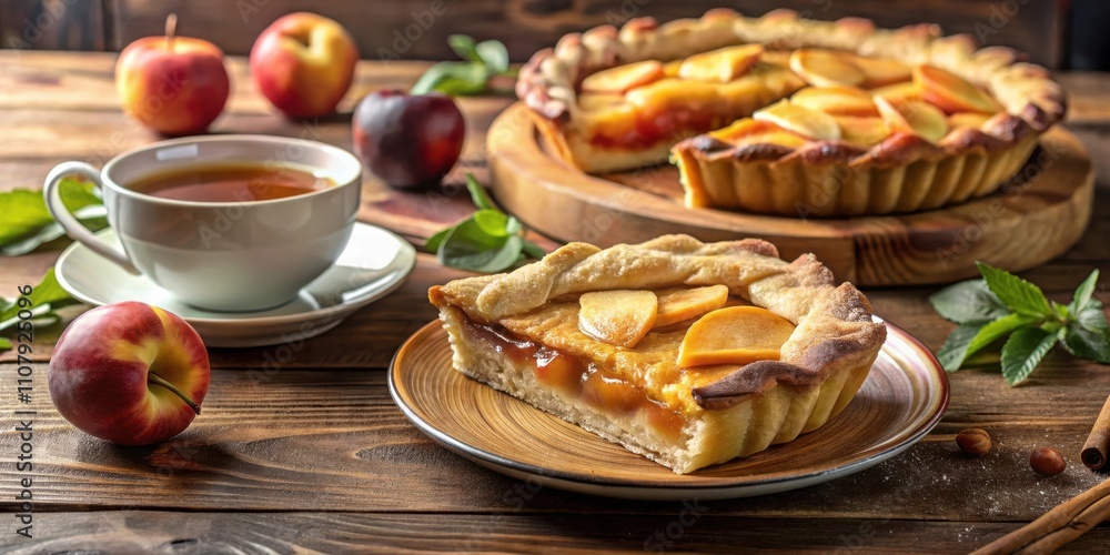 Poster a freshly baked peach pie with a crispy crust, a slice on a plate and whole pie in the background, s