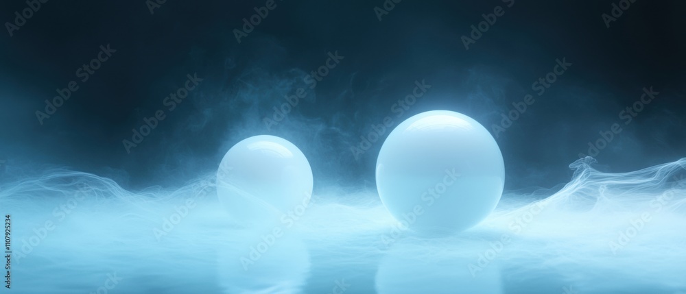 Poster two white spheres floating on a dark blue background. the spheres are spherical in shape and appear 