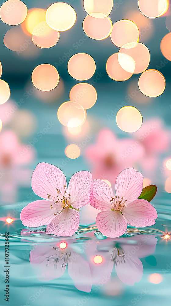 Poster delicate pink flowers rest on a tranquil surface, illuminated by a warm glow reflecting the calm of 