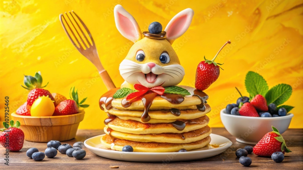 Aufkleber a stack of pancakes with chocolate sauce topped with a bunny-shaped cake and surrounded by strawberr