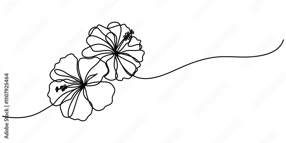 Poster hibiscus flower in continuous line art drawing style. minimalist black linear sketch isolated on whi
