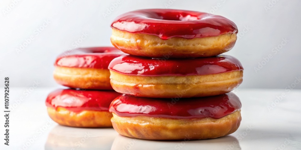 Poster a stack of four red glazed donuts on a white surface, showcasing the glossy sheen of the icing and t