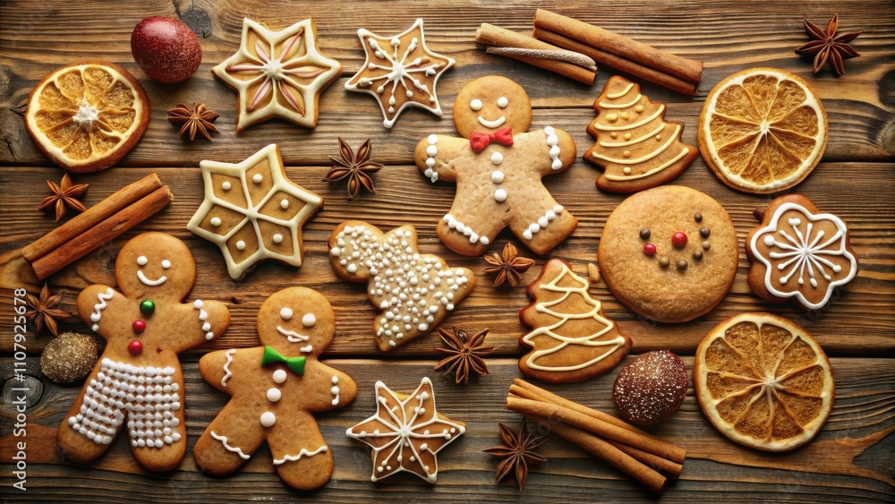 Poster a festive spread of gingerbread cookies, decorated with icing and sprinkles, arranged on a rustic wo