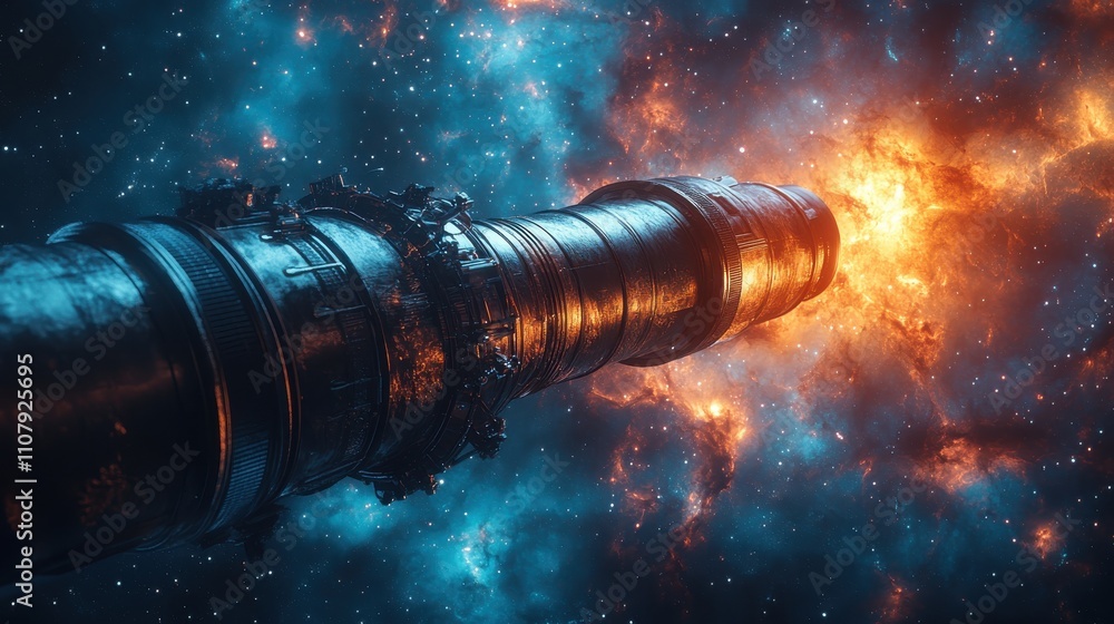 Poster telescope in outer space with cartoon style 3d rendering
