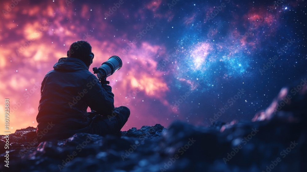 Poster telescope in outer space with cartoon style 3d rendering