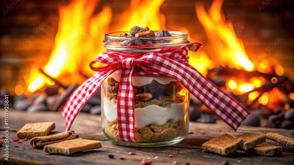 Poster layered dessert with gingersnaps and cream in a jar tied with a red and white gingham ribbon, set ag